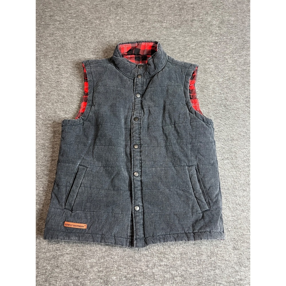 Simply Southern Mens Med Gray Quilted Vest Red Buffalo Plaid Lining Snap Front